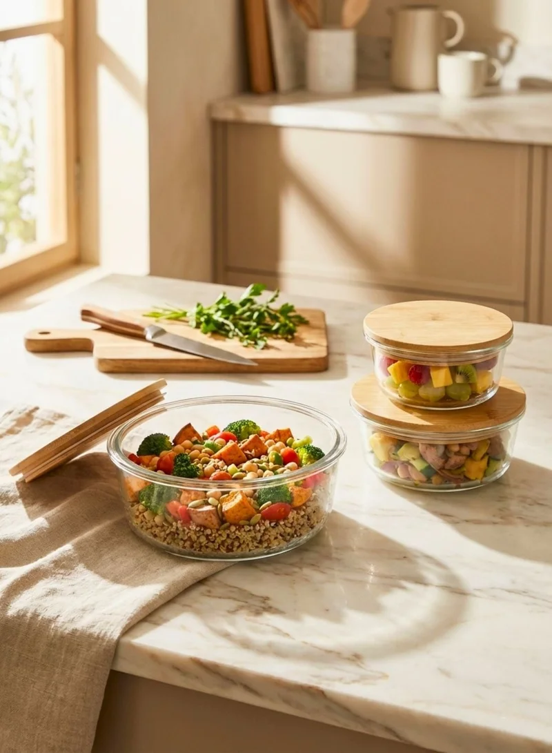 1 تشيس علب تخزين طعام دائرية من زجاج البوروسيليكات مع أغطية من الخيزران، بثلاثة أحجام: 400 مل، 650 مل، 1000 مل، محكمة الإغلاق وخالية من مادة BPA، مثالية لتحضير وجبات الطعام والغداء، قابلة لإعادة الاستخدام وخالية من البلاستيك.